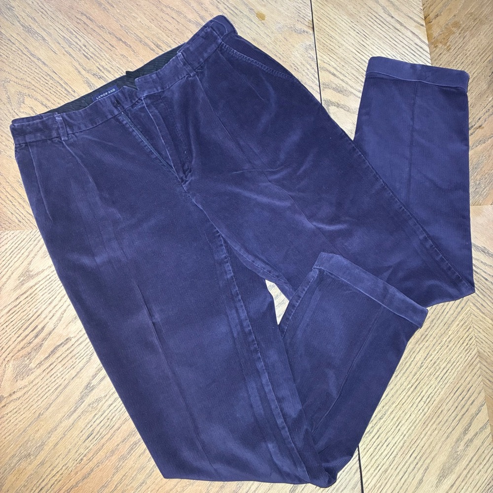 Lands End Mens Navy Blue Pleated Corduroy Pants Cuffed 34 Long 100% Cotton
